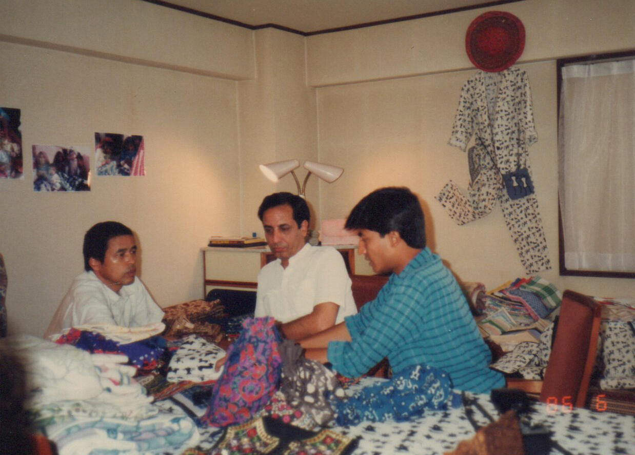 Ajay (right) showing the new block printed collection, 1986